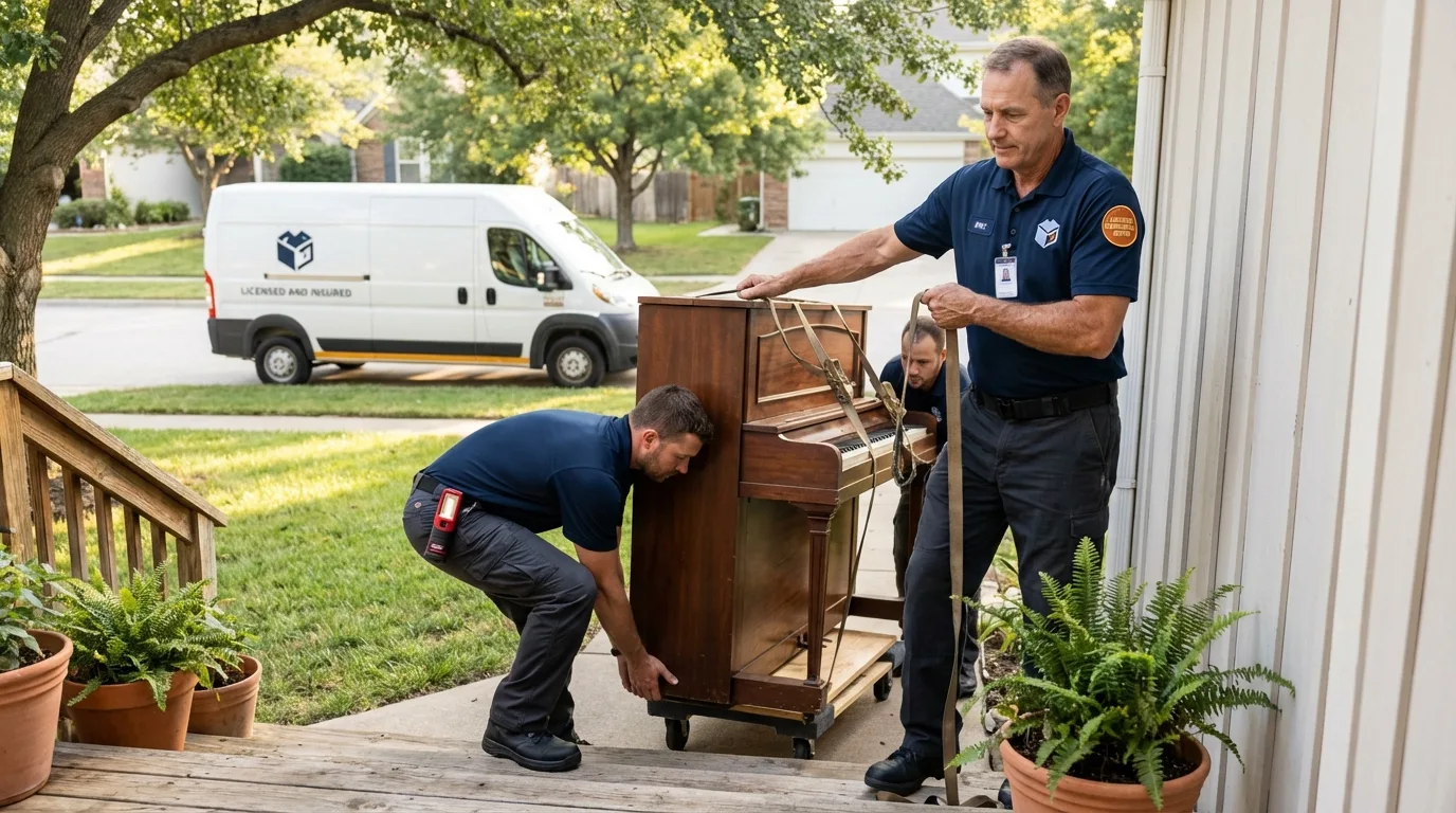 Licensed piano movers securing grand piano in Burwell, NE