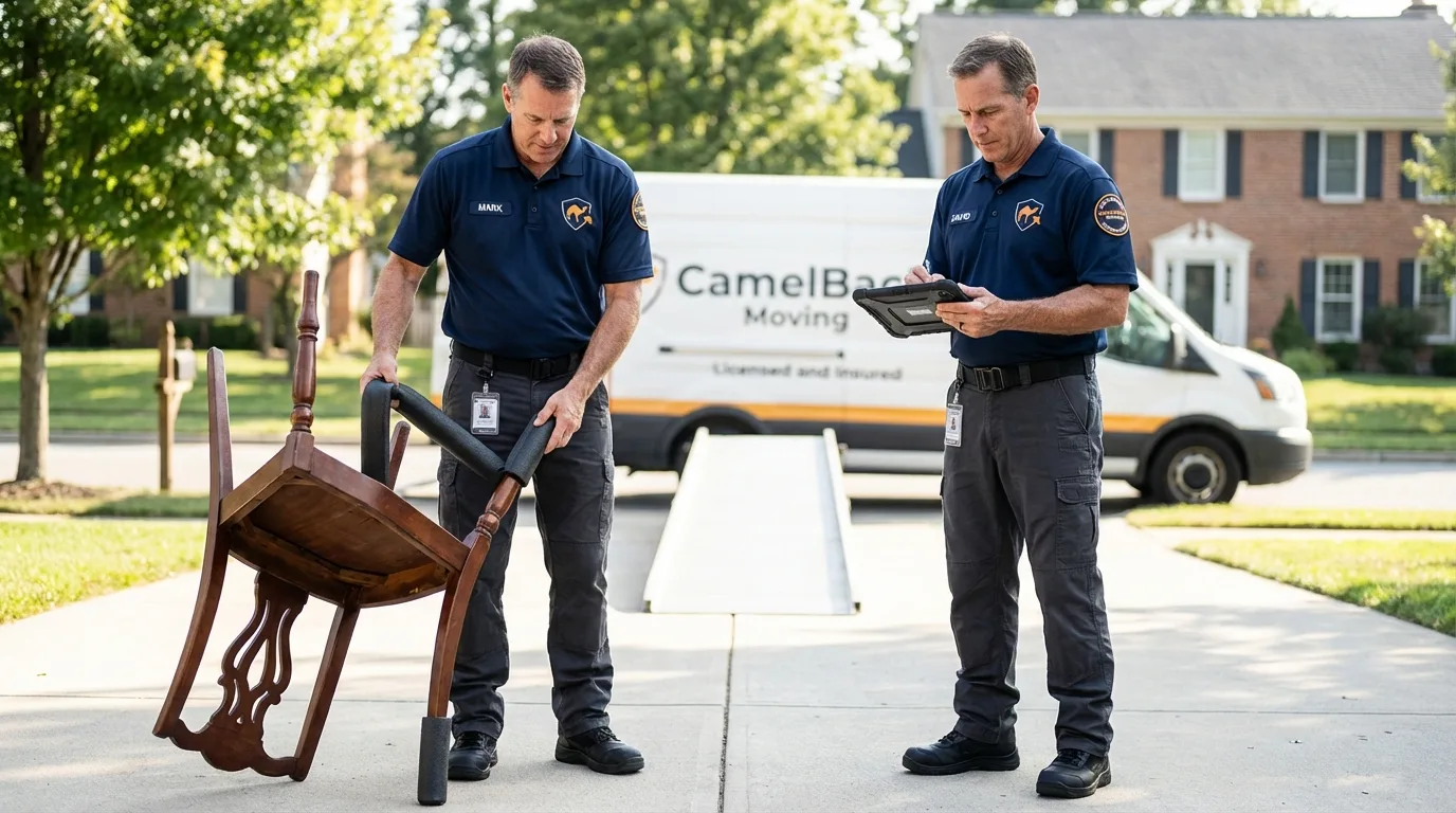 Movers inspecting furniture for damage prevention before loading in Burwell, NE
