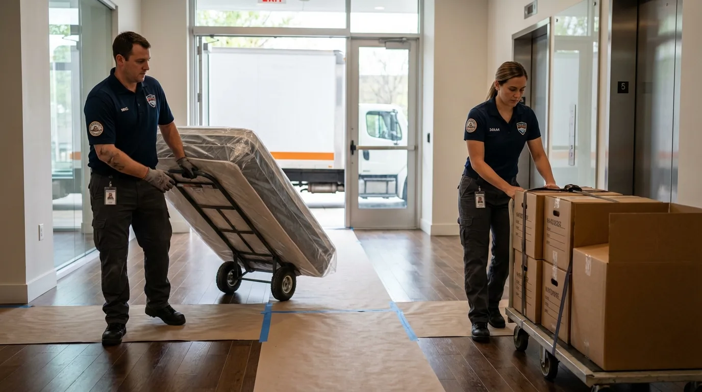 Professional apartment movers loading elevator in Burwell, NE